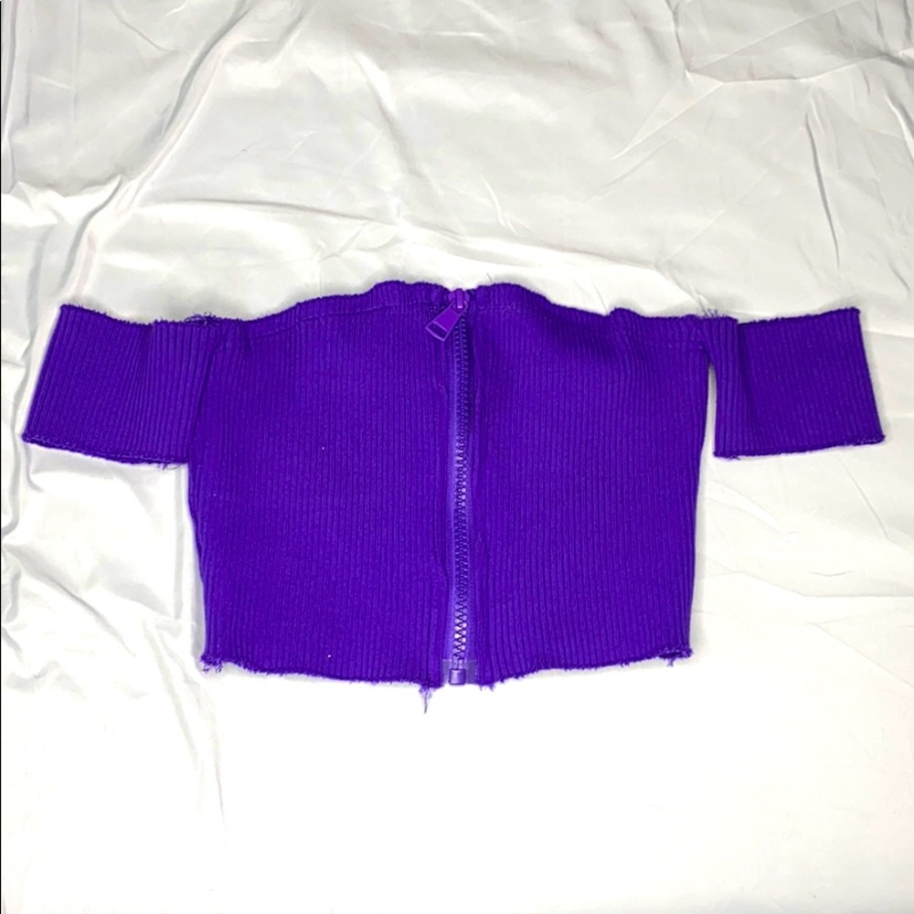 Purple zip up off the shoulder crop top